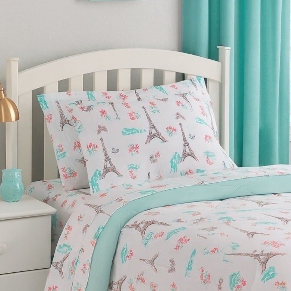 Your Zone Paris Eiffel Tower Butterfly Twin XL Cotton Sheet Set White Pink‎ Teal